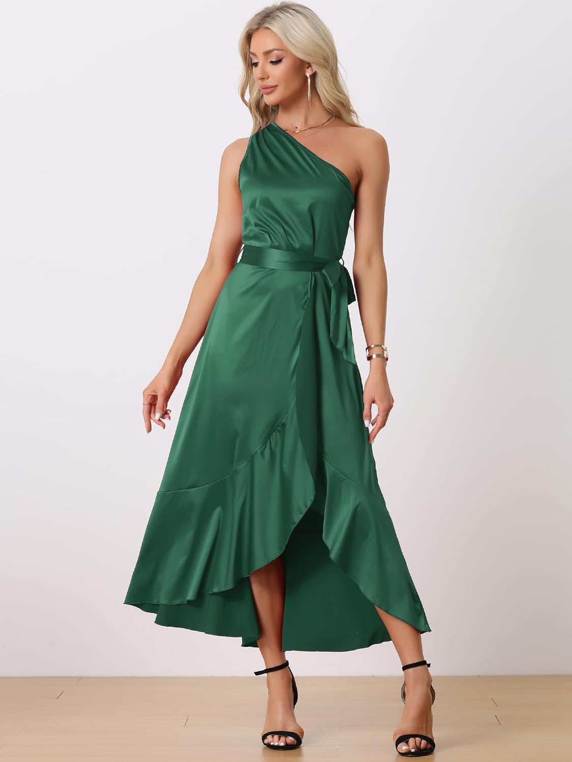Allegra K Women's Satin Dresses Split High Low Belted Ruffle Cocktail One Shoulder Dress - Image 2