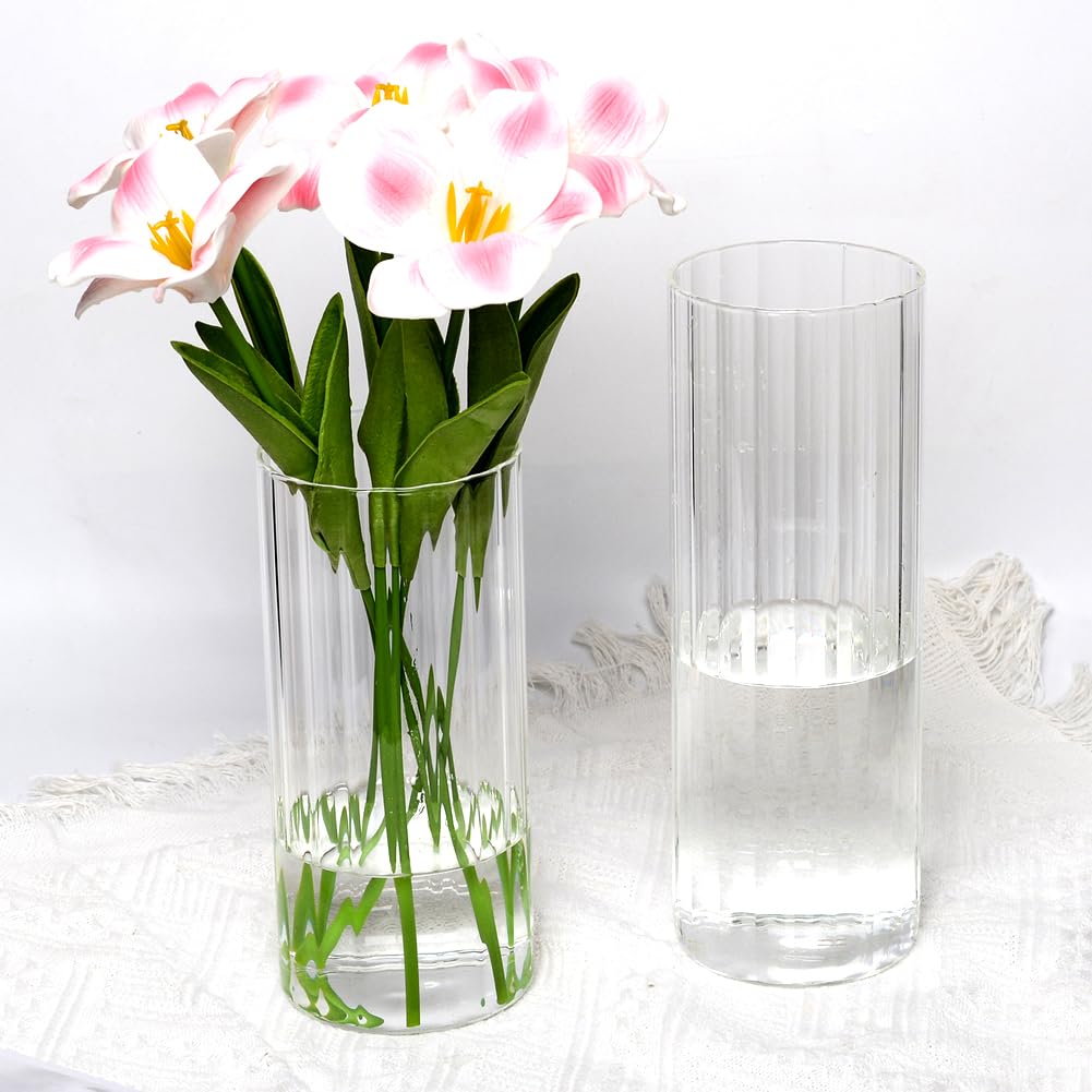 Oairse Set di 2 fiori artificiali in vaso, 14 pezzi, mini tulipani finti realistici al tatto, in vaso di vetro cubico con finto tulipano bianco acqua, bouquet per casa, matrimonio, centrotavola