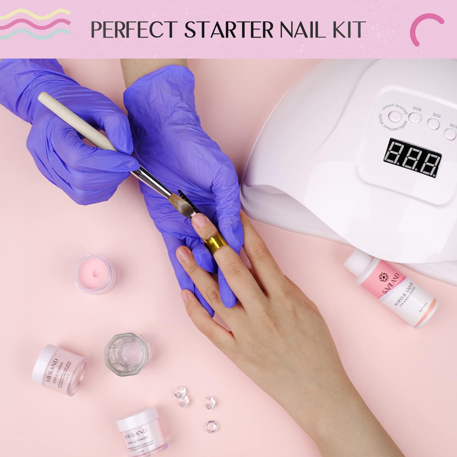 Saviland Acrylic Nail Kit - Pudry I Płyny Akrylowe, 3 Kolory Zestaw Przezroczystych Pudrów Akrylowych w Kolorze Różowym Nude do PrzedłUżania Paznokci Akrylowych
