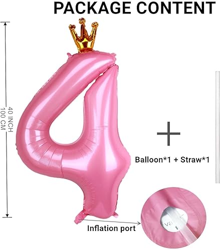 Miniatura 2 de Globo rosa con corona de 40 pulgadas con número 4, globo grande unido de papel de aluminio rosa bebé Mylar con dígito de helio 4 para niña,