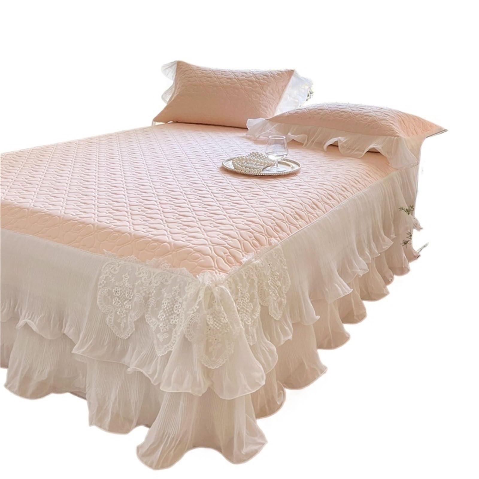 Bed Skirt Lace Ruffles Quilted Cooling Bed Skirt, Cool Feeling Fibre Mattress Cover, Bedspread, Bed Sheet, With Pillowcases, 3Pcs(Pink 1,150X200cm 3pcs)