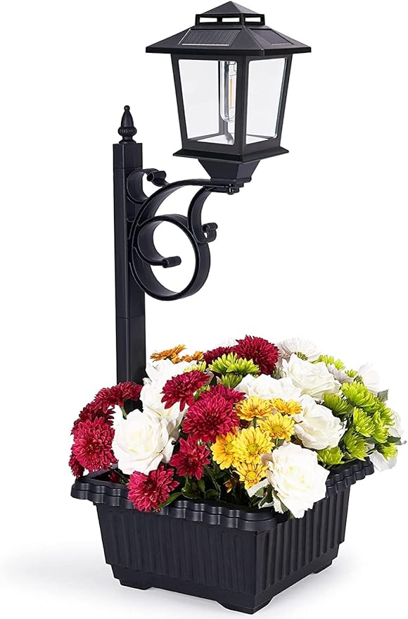 2 in 1 Outdoor Solar Lamp Post Light with Planter,Wall Mount or