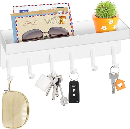 VIS'V Soporte de pared para llaves, de acero inoxidable blanco esmerilado, pequeño soporte para llaves con bandeja adhesiva para llaves, organizador