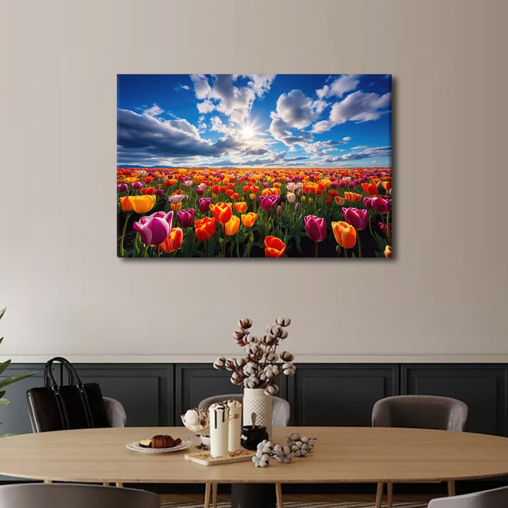 TISHIRON 1 Piece Rainbow Home Office Room Decorations for Living Room Tulips Wall Pictures Flowers Canvas Prints Wall Art Wall Decor Canvas Framed Artwork Wall Hanging - Image 2