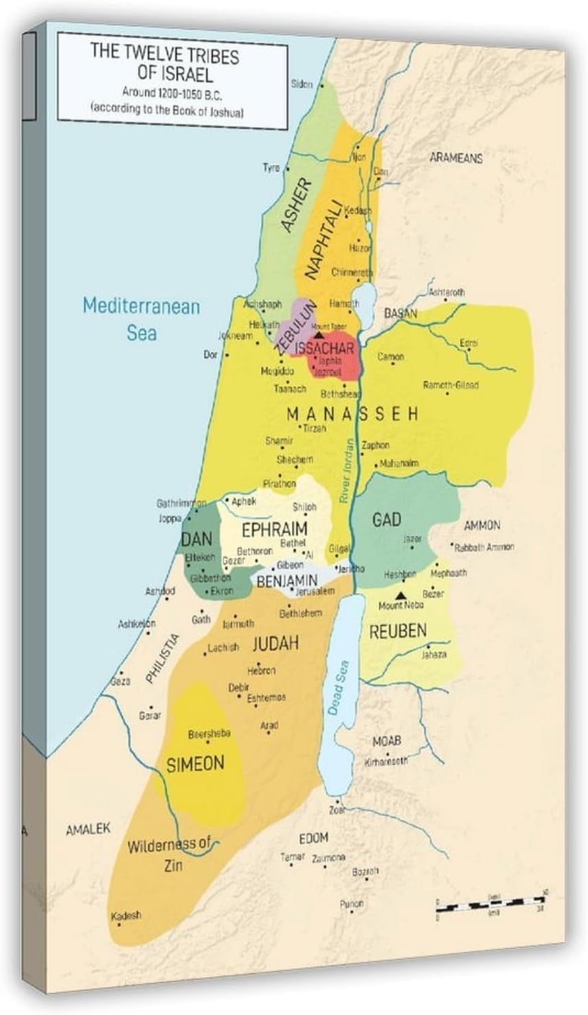 12 Tribes of Israel Bible Story Wall Art Painting Bible Maps charts Great Awakening Poster for Home, Office, Classroom Decor (24x36inch(60x90cm), Framed)