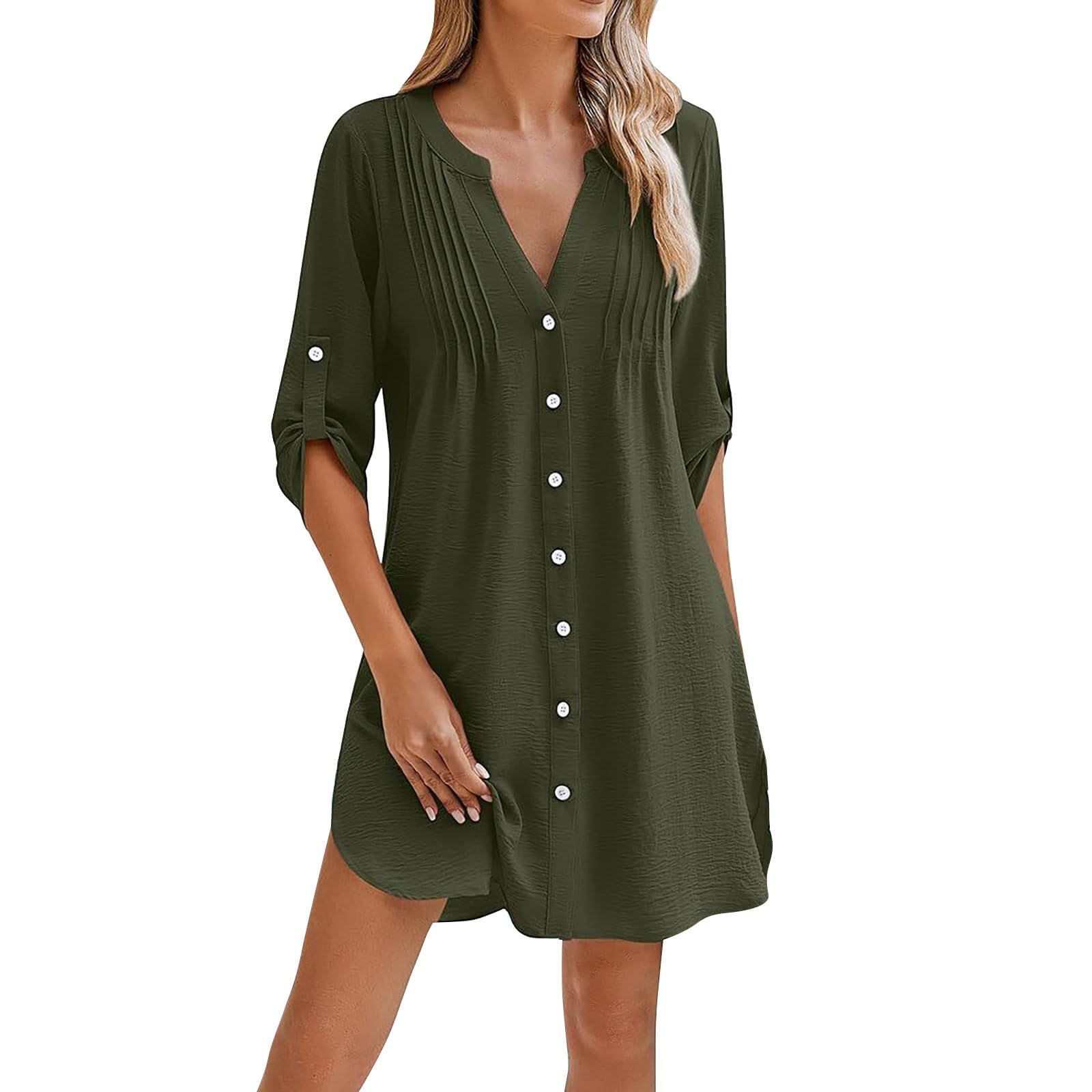 Generic 2024 Mujeres Verano Playa Cuello en V Botón Up Traje de Baño Cubierta Sexy Falda de Playa Vestido de Verano Señoras Sexy Entrega Mañana