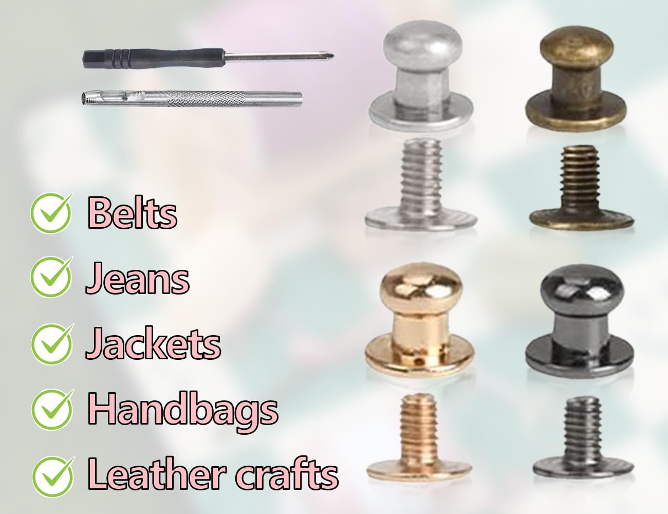 KAPSING 80 Pezzi Rivetti in Pelle, Rivetti a Vite da 5 mm, Rivetti a Vite con Strumento di punzonatura, Rivetti a Testa con Chiusura a Vite, per la Decorazione di Borse in Pelle Artigianali