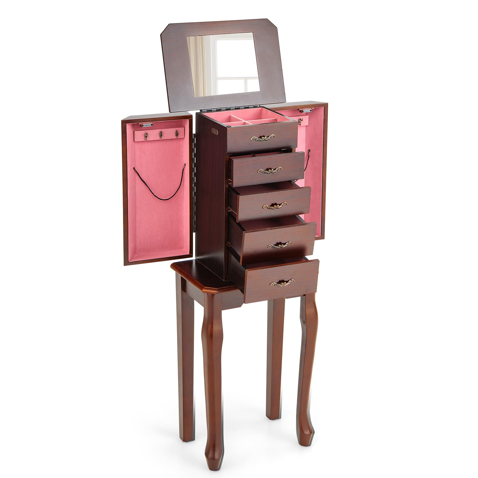 MAT EXPERT Jewelry Chest with Flip Mirror, Standing Wooden Jewelry Cabinet w/2 Swing Doors, Ring Necklace Organizer Box w/5 Drawers & 6 Hooks, Bedroom Armoires for Jewelry Storage, Walnut