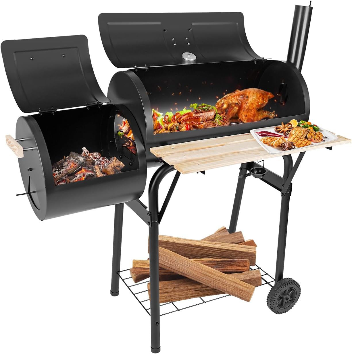Charcoal Grills with Offset Smoker & Thermometer, Barrel BBQ Grill & Smoker Combo, Spacious Barbecue Grill for Outdoor Backyard Camping Parties