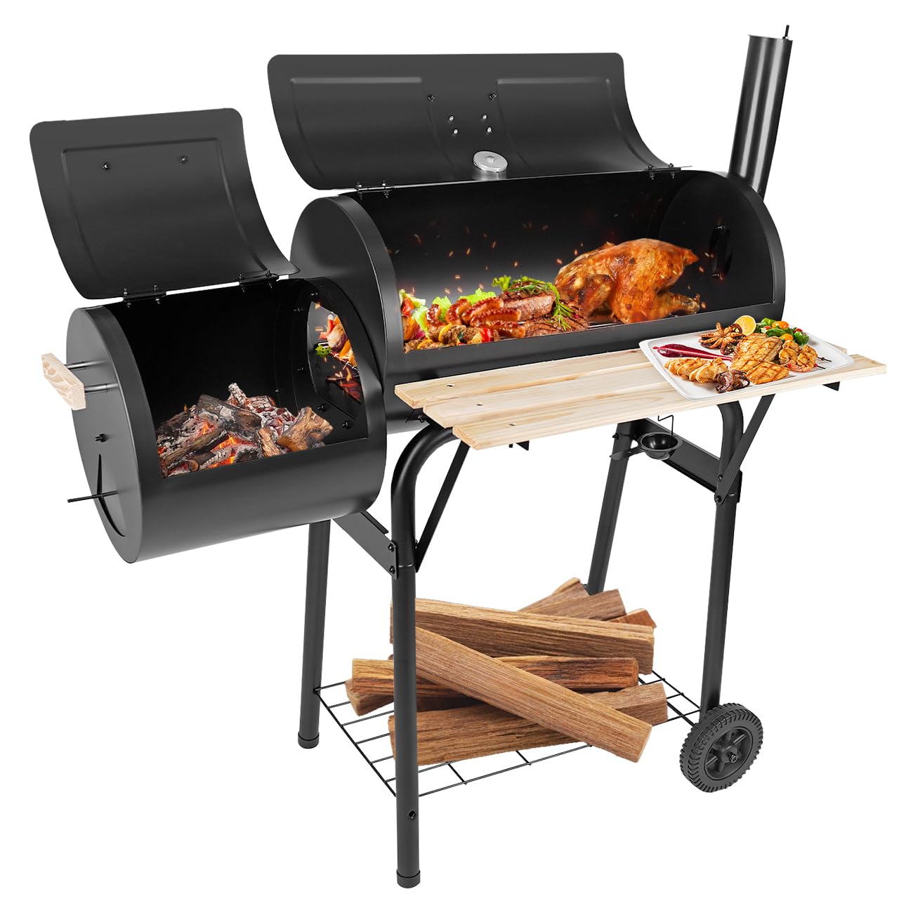 paxlloonge - Griglia a carbone con affumicatore offset e termometro, barbecue a barile e combinazione di affumicatori, spaziosa griglia per barbecue per feste in campeggio all'aperto sul retro