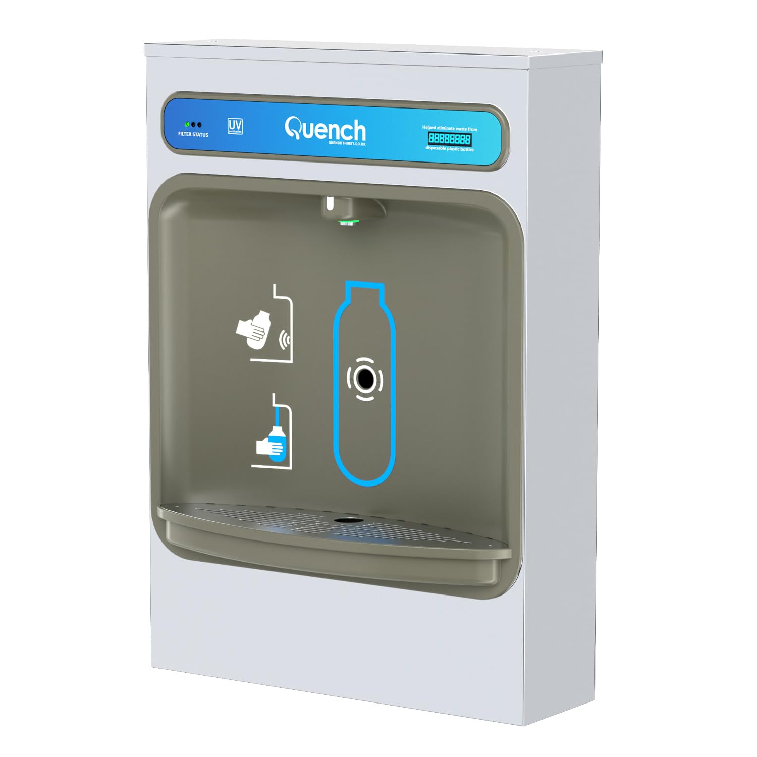 Washroom Hub Grey Quench Wall Mounted Water Bottle Filling Station - Perfect For Offices, Gyms, Schools & More - Touch Free Water Dispenser And Water Bottle Filler - Mains Fed/Plumbed In Installation (Grey)
