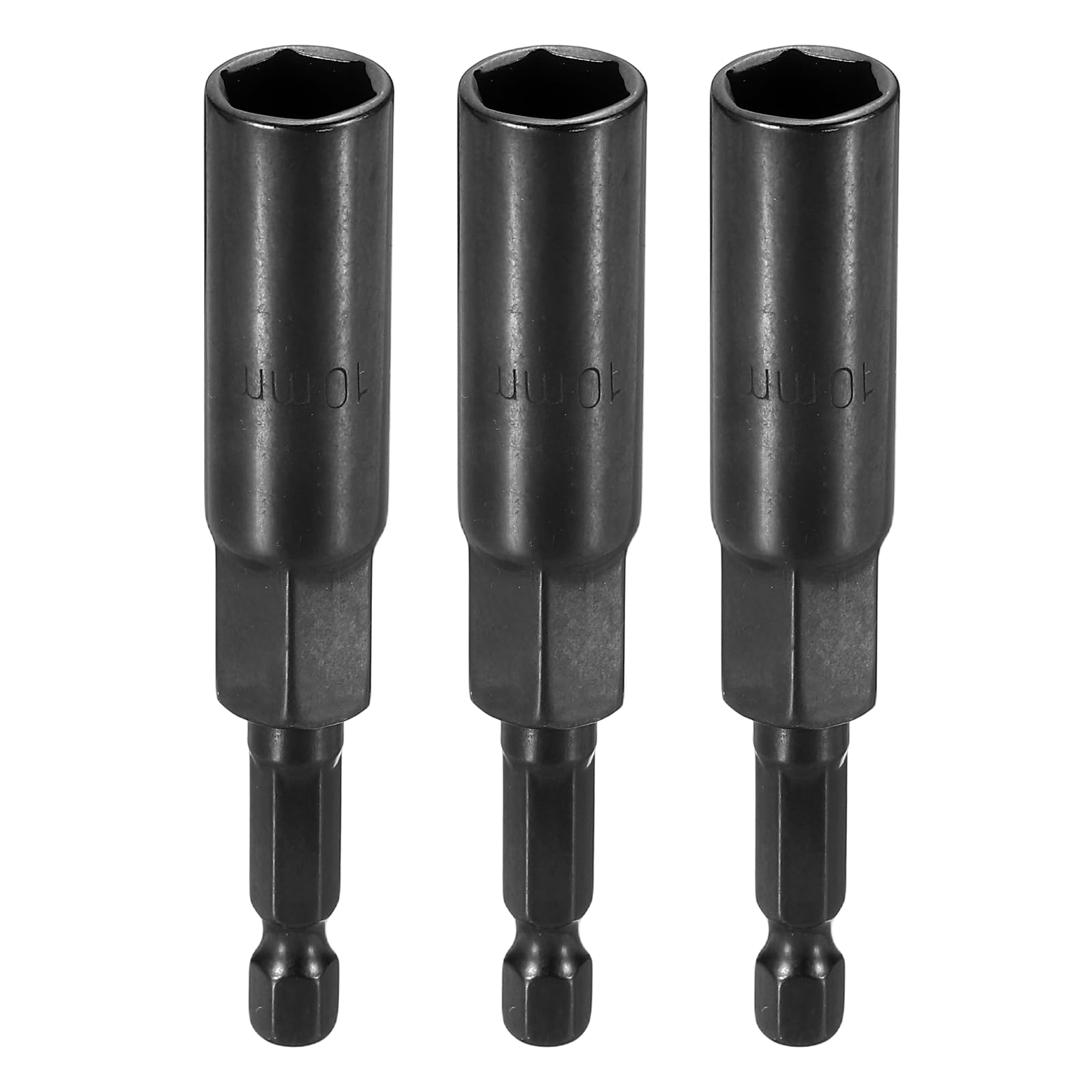 sourcing map 3pcs Nut Driver Drill Bit 10mm Metric Socket 1/4" Hex Shank 3.15" (80mm) Extra Long 6-Point Sockets Quick Change Cr-V Steel Bolt Setters for Power Drill Drivers, Black