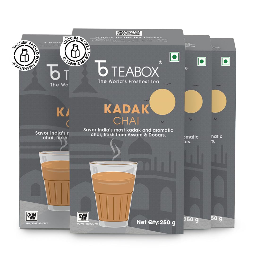 Teabox Fresh Kadak Chai 1 kg di confezione sigillata sottovuoto per freschezza, proviene dagli Estates of Assam & Dooars, forte e di alta qualità, richiede il 20% in meno di zucchero, sapore forte e