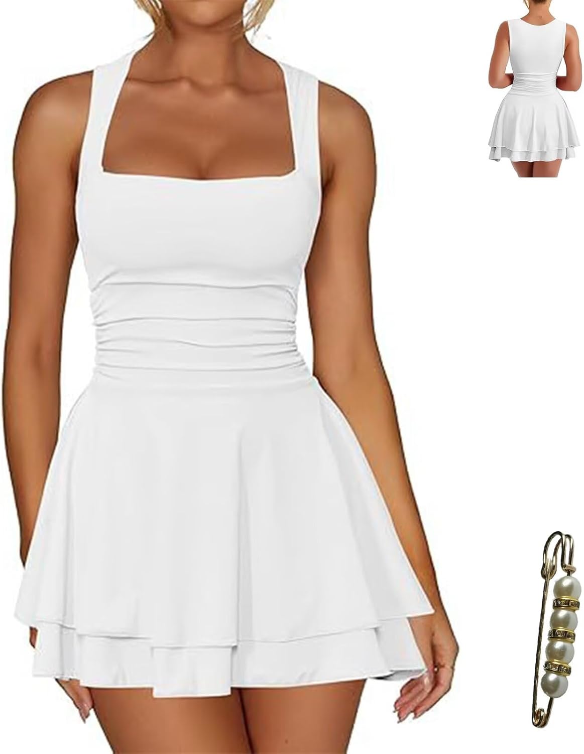 Women Square Neck Sleeveless Tiered Ruffle Mini Dress 2026 Stretchy A Line Short Summer Dress with Shirred Waist