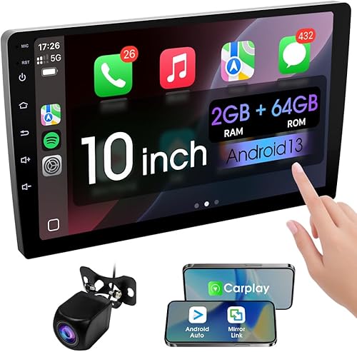 Pantalla de coche doble DIN de 10.1 pulgadas, con alambres CarPlay y Android Auto, pantalla táctil HD estéreo para automóvil con enlace de espejo,