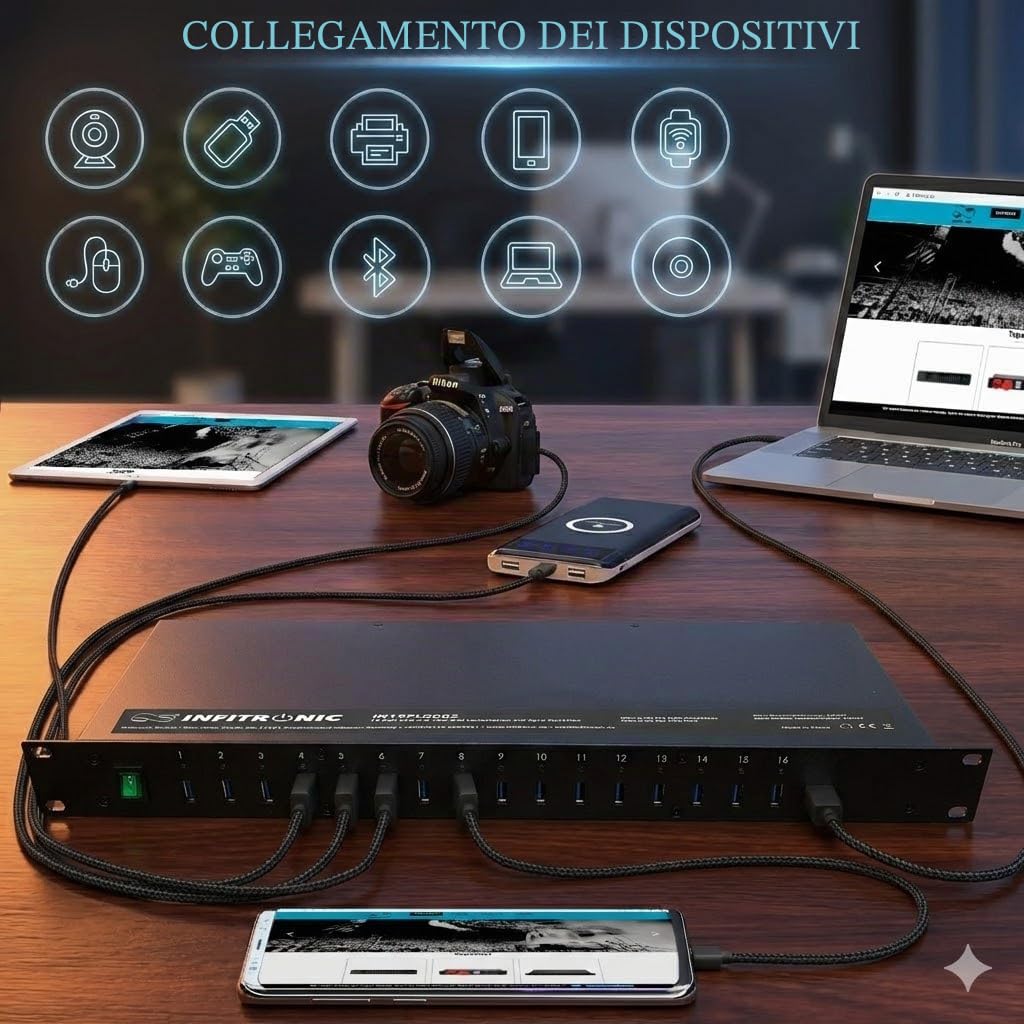 INFITRONIC - Porte USB 3.0 Hub16 USB IN19PLG002-19" con stazione di ricarica e sincronizzazione (1U Rack)
