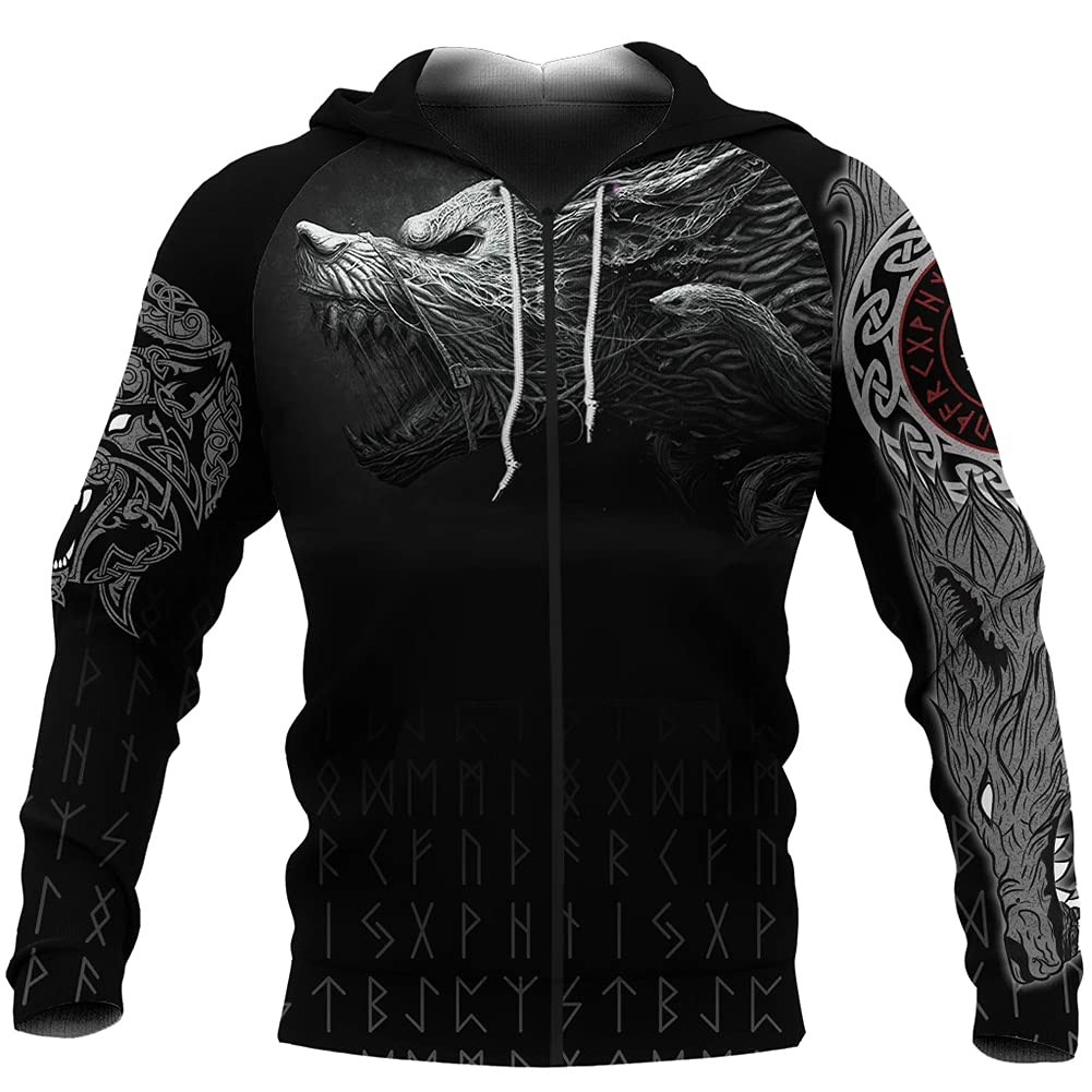 Sweat Fenrir imprimé 3D avec fermeture éclair pull à capuche style nordique motard taille L