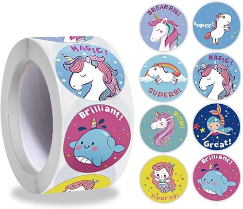Calcomanías de recompensa de unicornio de dibujos animados, 500 calcomanías de princesa de sirena de Narval de 1 pulgada para niñas estudiantes,