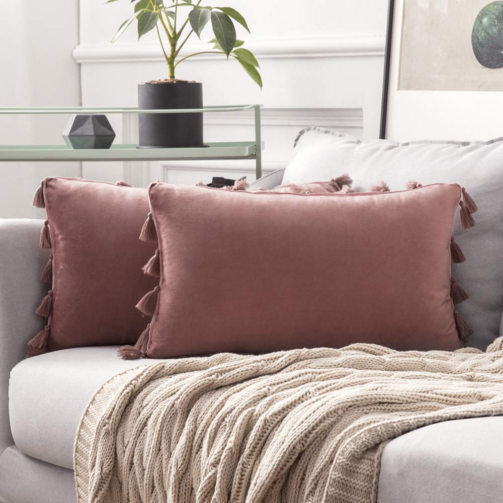 MIULEE Pack of 2 Velvet Soft Solid Decorative Throw Pillow Cover with Tassels Fringe Boho Accent Cushion Case for Couch Sofa Bed 12 x 20 Inch Jam
