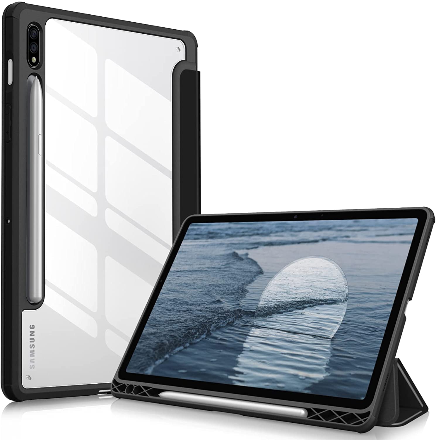 SwooK TPU Hybrid Case for Samsung Galaxy Tab S8 / S7 11 inch SM X700 X706 T870 T875 T878 with S Pen Holder Shockproof Clear Back Shell Auto Wake/Sleep Flip Cover Case (Black)