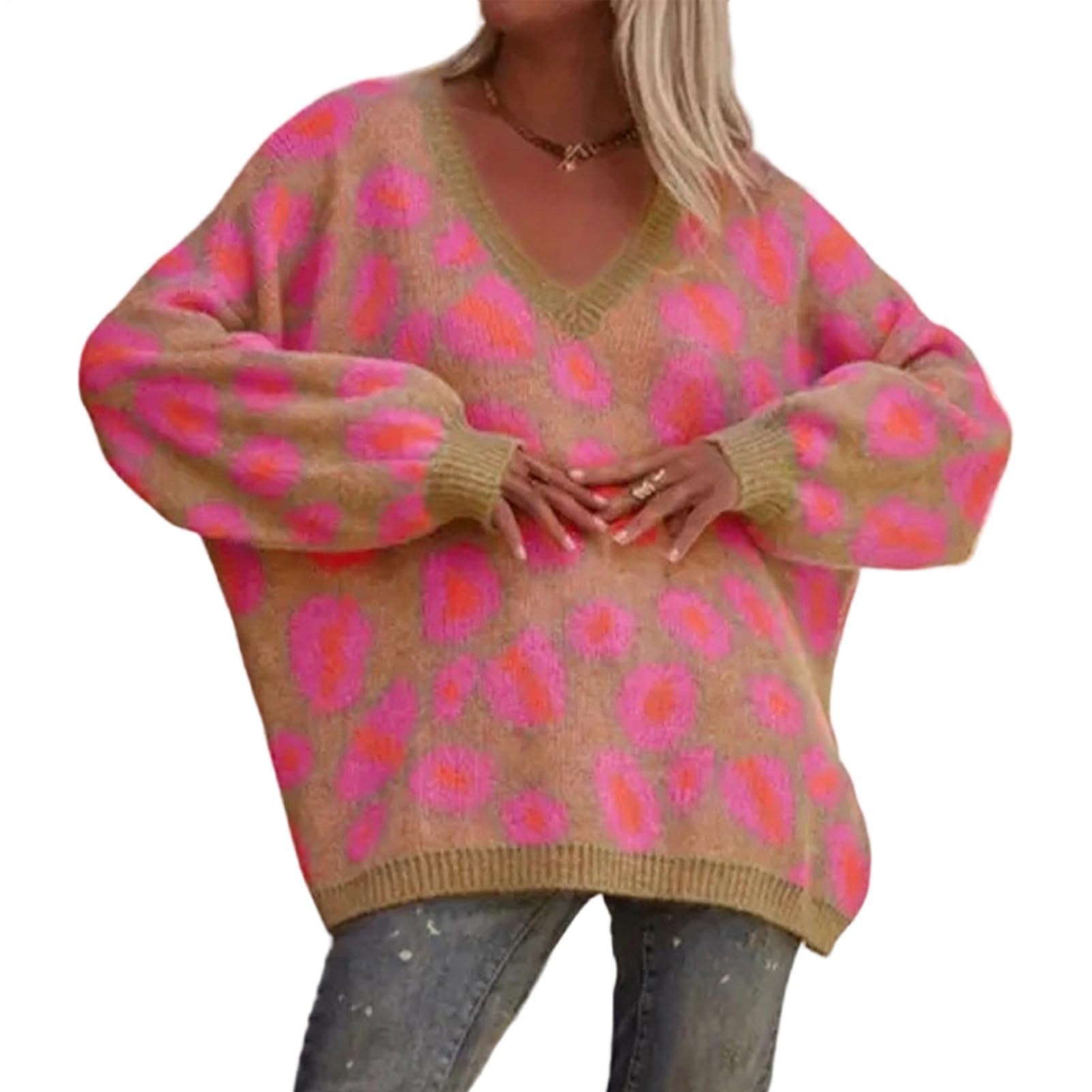 V Neck Sweater Women - Color Block - Autumn Pullover Sweater Loose Fit Knitted Tops for Travel Commuting
