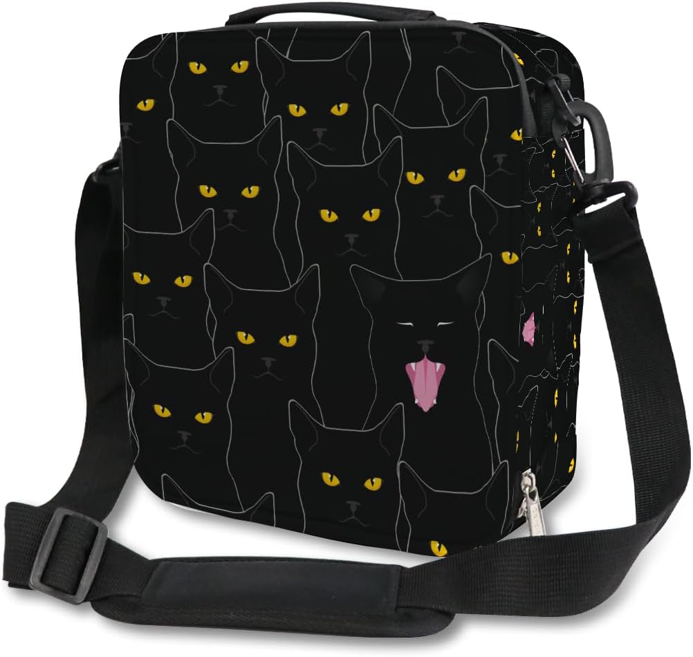 Cute Black Cat Kids Lunch Bag for Boy Girl Kitten Insulated Lunch Box Cooler Lunch Tote Bag Thermal Bag with Adjustable Shoulder Strap for School Work Picnic