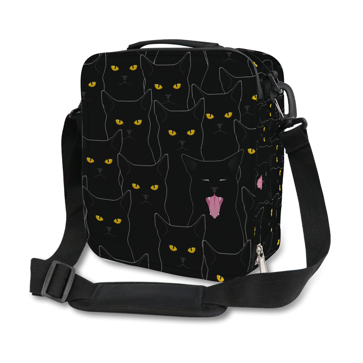 Cute Black Cat Kids Lunch Bag for Boy Girl Kitten Insulated Lunch Box Cooler Lunch Tote Bag Thermal Bag with Adjustable Shoulder Strap for School Work