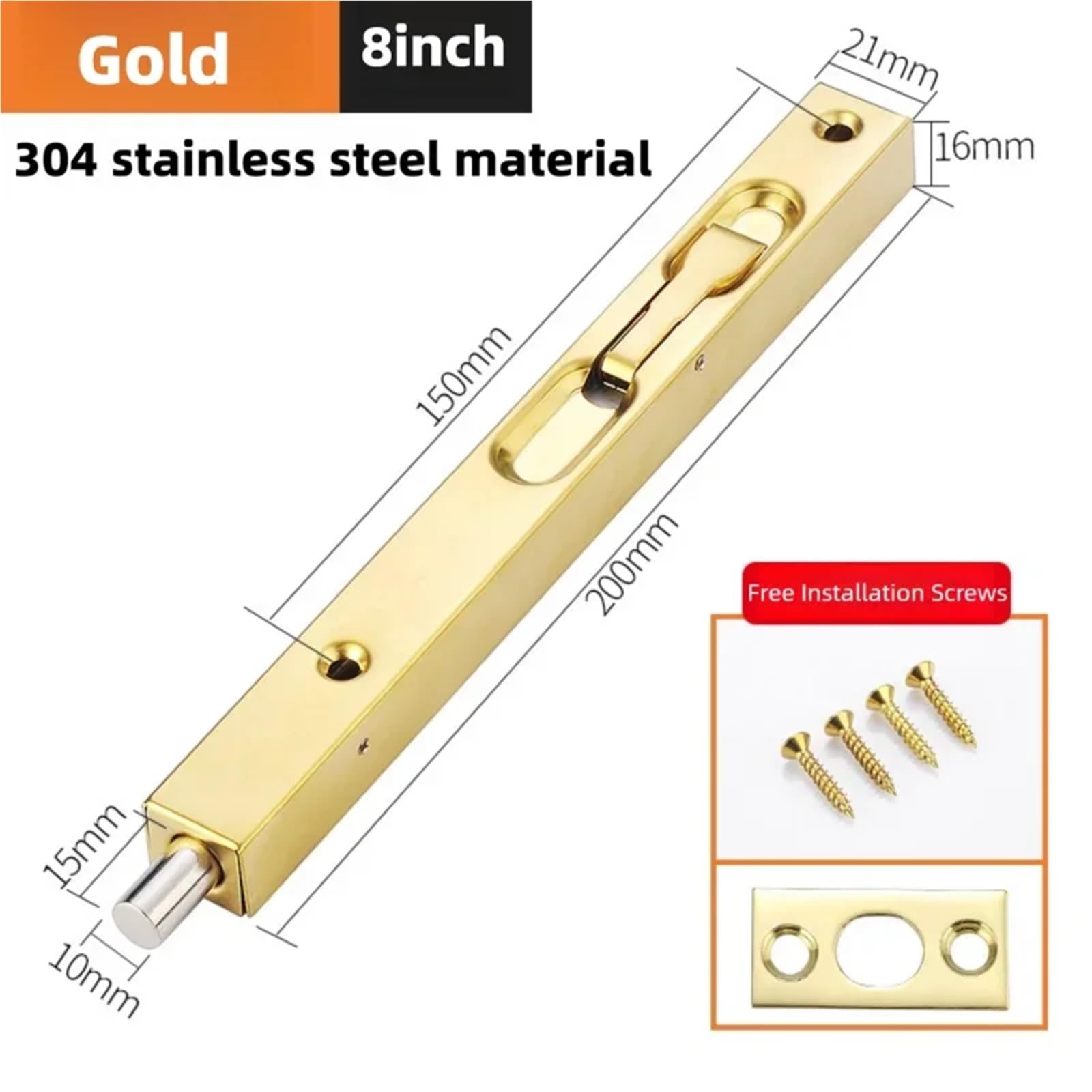 Bulloni a filo per doppia porta, 4 pezzi, in acciaio inossidabile 304, serratura verticale nascosta, per legno, principale, sicurezza e doppia (oro, 20,3 cm)