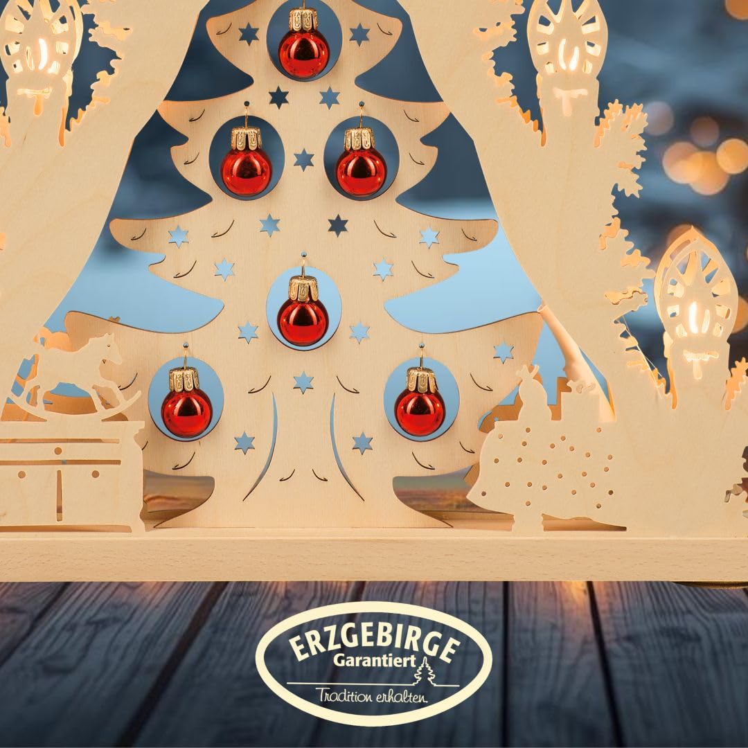 weigla - Lichterspitze original Erzgebirge I Motiv Weihnachtsbaum mit roten Kugeln I LED Lichterbogen Weihnachten I 7 Lampenkerzen + 1 Ersatzlampe I 7 x 34 V, 0,2 W, E10 I Weihnachtsdeko innen