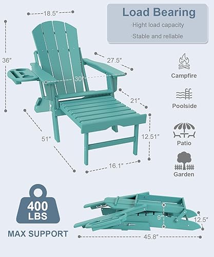 Miniatura 46 de Silla Adirondack ajustable con otomana retráctil, juego de 2, silla Adirondack plegable de polietileno de alta densidad con soporte para tazas