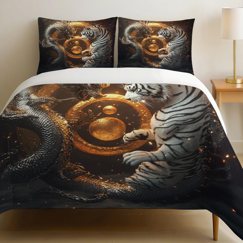 Parure de lit dragon or et blanc pour chambre adulte moderne 220x240