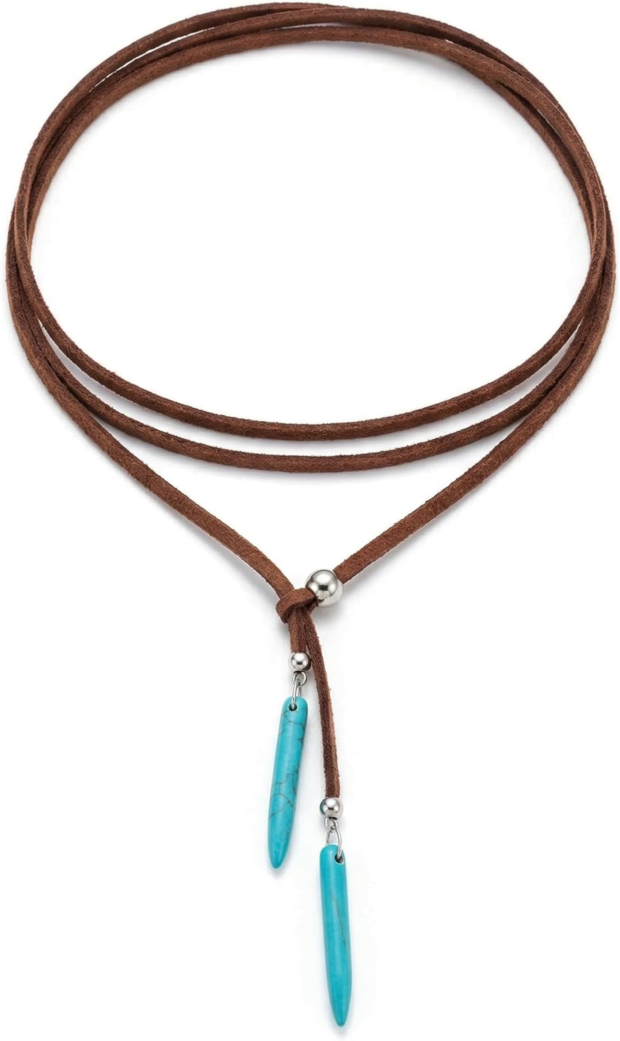Turquoise Necklace, Vintage Lariat Necklace for Women, Boho Turquoise Choker Necklace Feather Pendant with Leather Cord, Handmade Western Style Jewelry