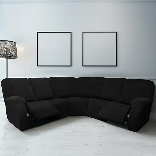 Miniatura 2 de Peryiter 7 fundas para sofá reclinable seccional en forma de L, fundas de sofá modular de 5 asientos, terciopelo de seda lechosa, funda elástica