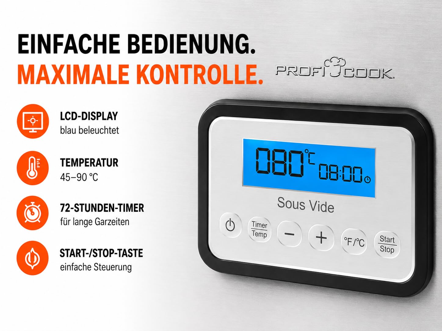 ProfiCook Sous Vide Garer | 8,5L Fassungsvermögen | PC-SV 1112 | Punktgenaues Garen, 72-Std.-Timer, Schongarfunktion, Joghurtmaker-Funktion, Warmhaltefunktion