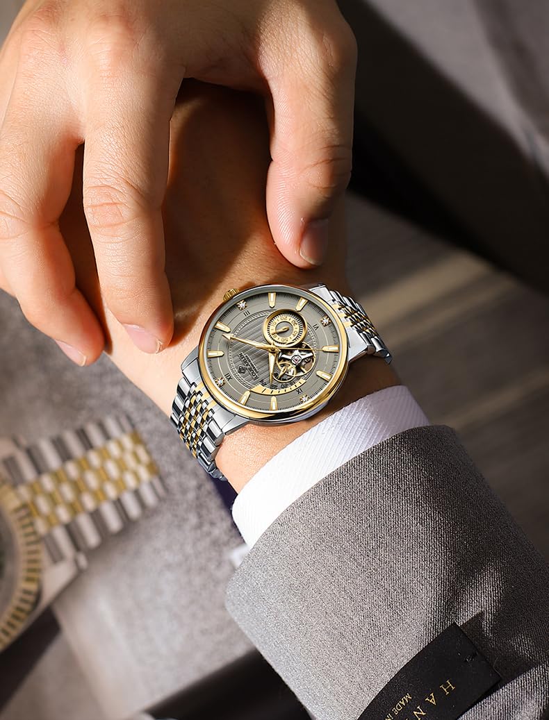 BESTKANG Herren vollautomatische mechanische Skelettierte Tourbillon wasserdichte Edelstahl Multifunktionsuhr