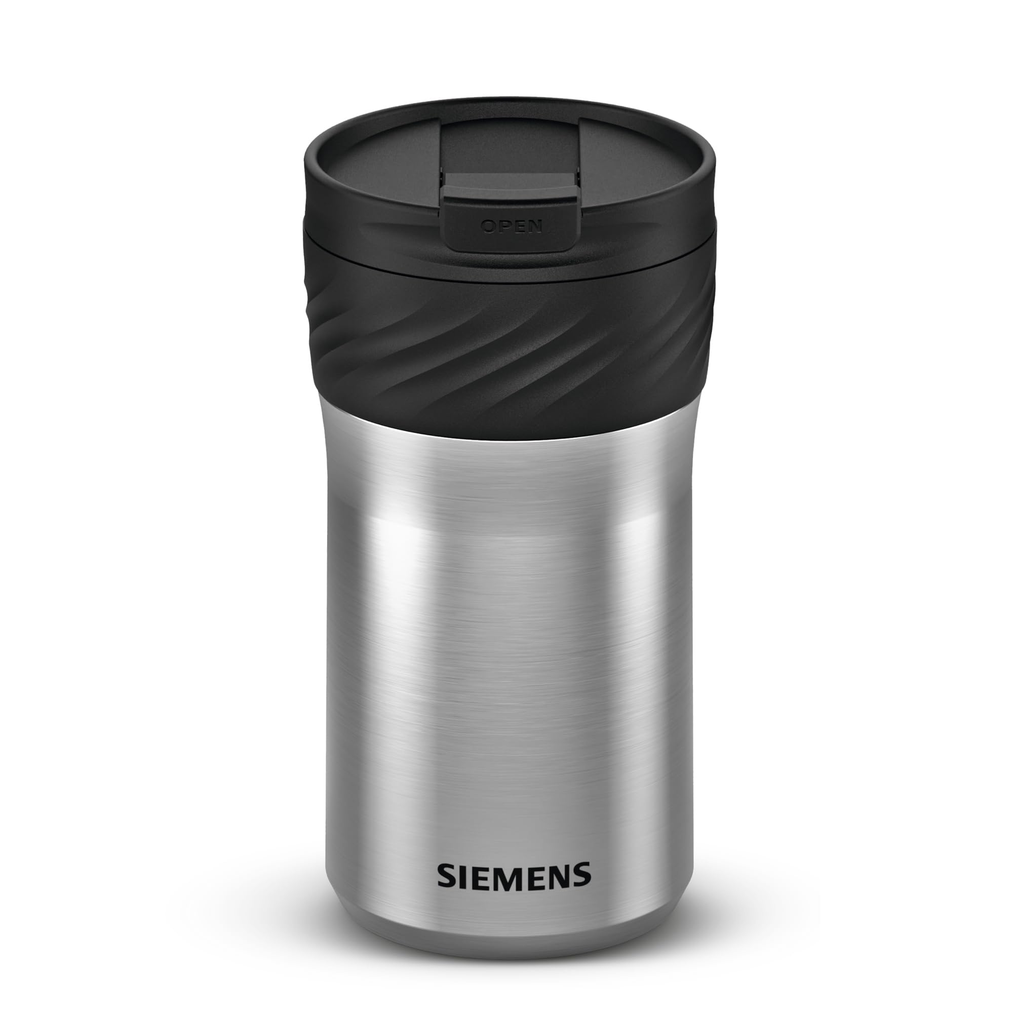 Siemens Thermobecher 480 ml, doppelt isolierter To-Go-Becher für heiße oder kalte Getränke, auslaufsicher, spülmaschinenfest, kompatibel mit der Siemens iAroma Serie, Edelstahl/Schwarz, TZ40002
