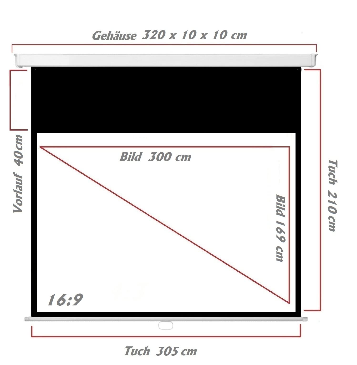 SlenderLine Beamer Leinwand 300 x 169 cm | Format 16:9 | 1.2 Gain | FULL-HD 4K 8K & 2D/3D geeignet | manuelle Rolloleinwand für Heimkino & Präsentation | 4-kant Gehäuse - direkte Decken- bzw. Wandmontage | Aufrollmechanismus mit mehrfach Arretierung