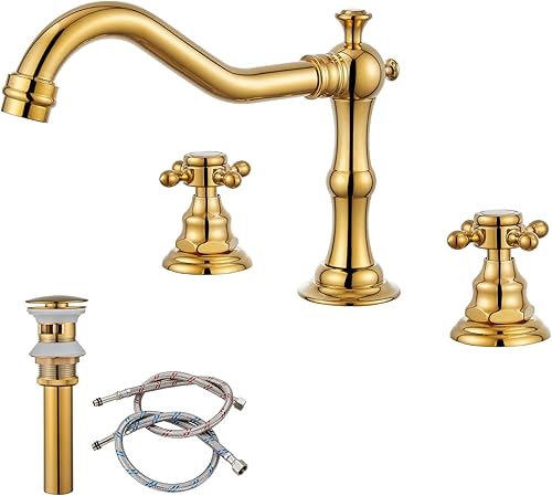 gotonovo Grifo de lavabo de baño de 3 agujeros, doble mango cruzado, grifo mezclador para lavabo de baño, grifo de tocador, montaje en cubierta,