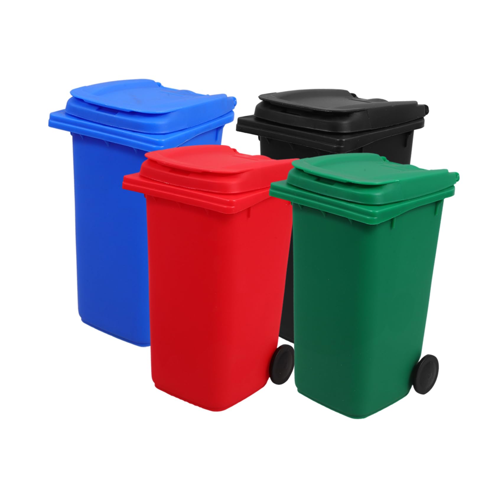 SHINEOFI 4Pcs Mini Trash can Pen Holder Set including Lids and Wheels Compact Desktop Recycling Bin for Office Supplies and Desk Organisation