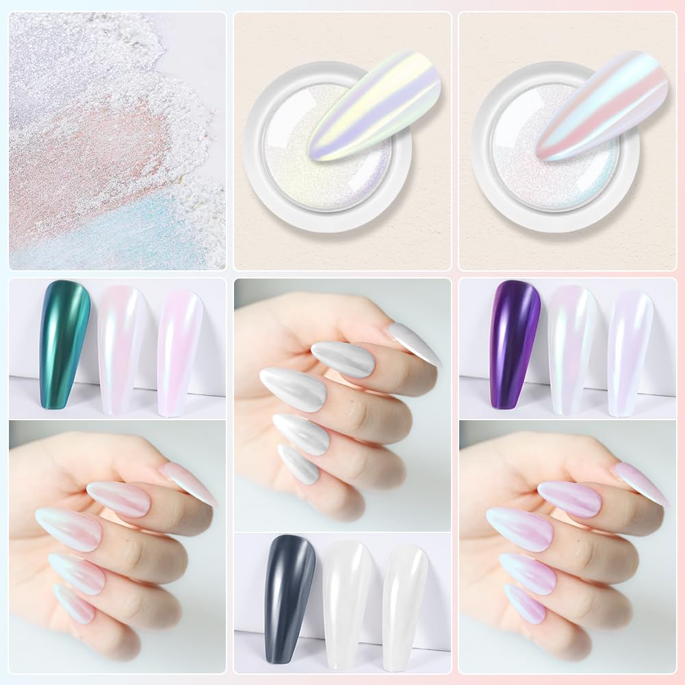 Chrome Ongle Nacrée, 2Pcs Poudre Chrome, Poudre ongle Effet Perle Glitzerpuder, poudre de Paillettes Aurora Transparente, pour Glazed Donut Nails, Pearl Shimmer Nails