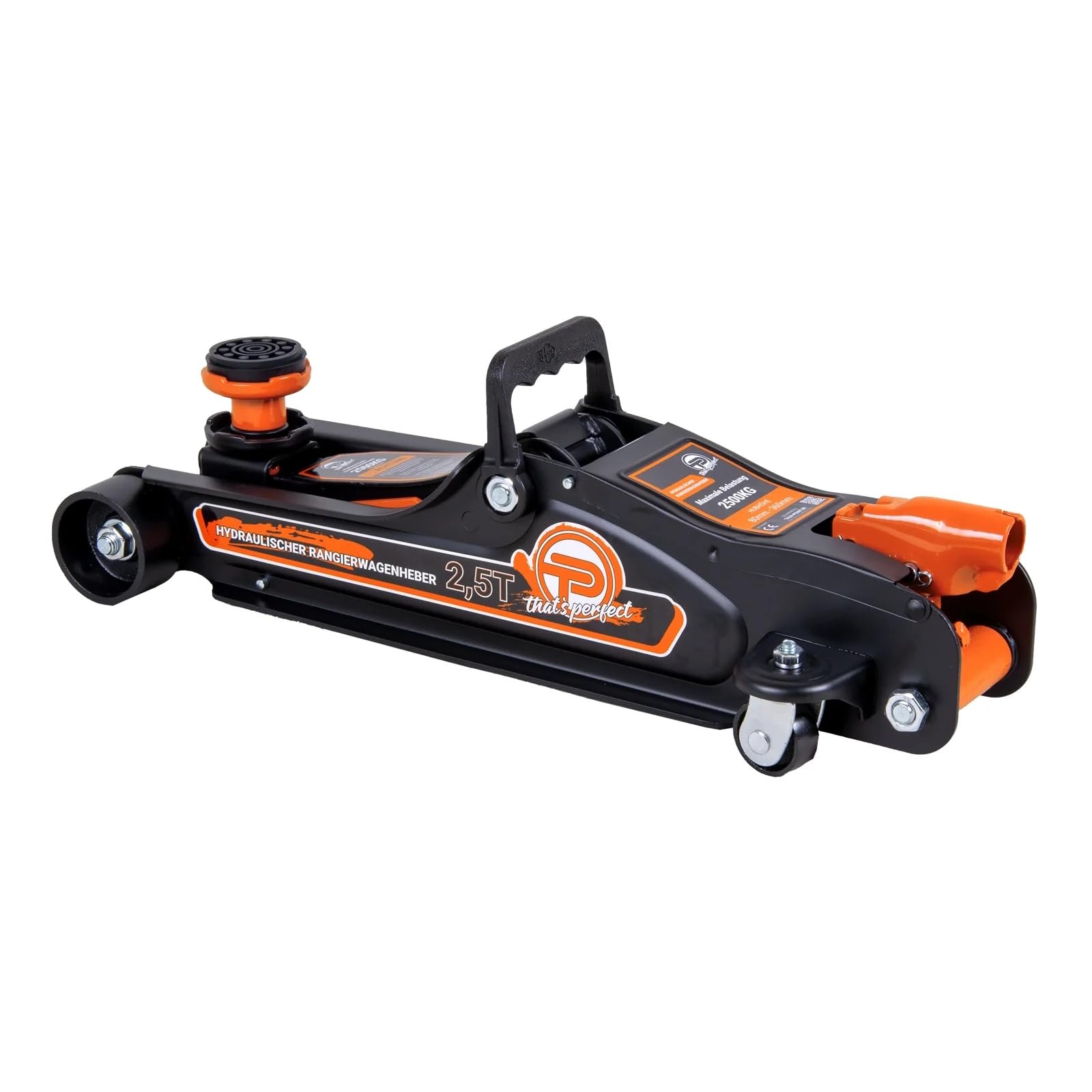 Cric idraulico 2,5 tonnellate versione piatta 80 mm – 360 mm Low Profile con valigetta + adattatore SUV + 2 cuscinetti in gomma idraulici per auto, ruote a 360° (arancione)