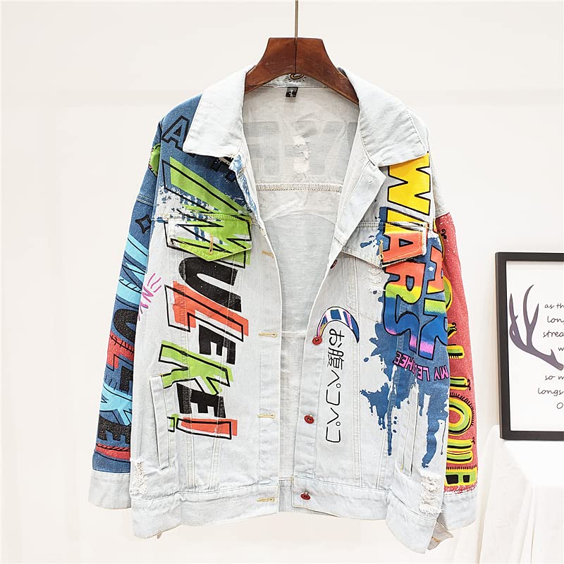 Punk Style Graffiti Letters Printing Denim Jacket Women Hip Hop Jean Coats,One Size2