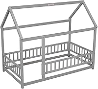 Vista 6 de JINS&VICO Cama de suelo de casa de tamaño individual, marco de cama Montessori de madera con techo y barandilla en forma de valla, plataforma