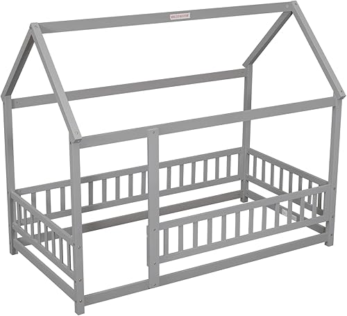 Miniatura 6 de JINS&VICO Cama de suelo de casa de tamaño individual, marco de cama Montessori de madera con techo y barandilla en forma de valla, plataforma de