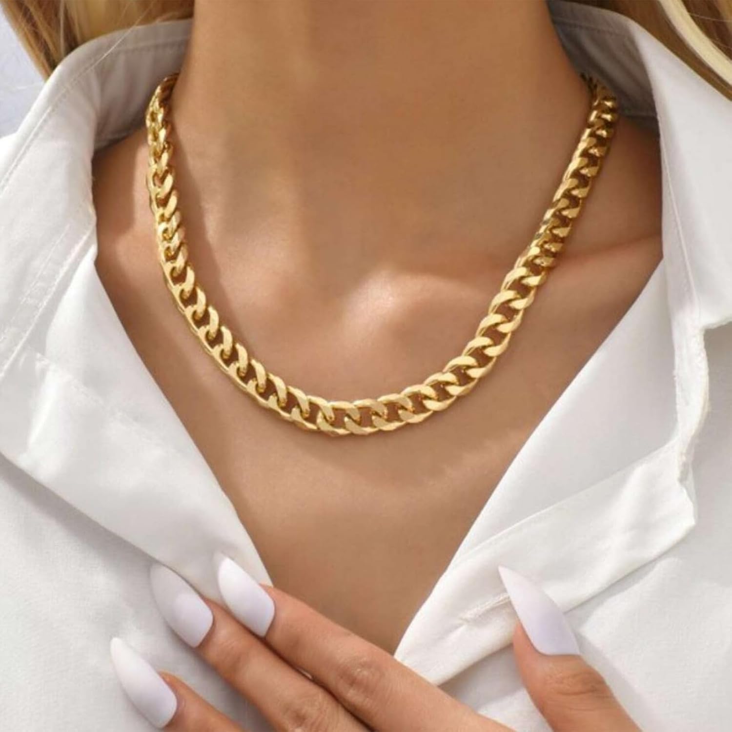 14K Gold Plated Cuban Link Chain Necklace for Women Dainty Chunky Paperclip Layered Necklace with Pearl Pendant Trendy Fashion Jewelry Adjustable Length - Image 3