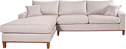 Sofa Living California 4 Lugares Chaise Lado Direito Revestido Linho Base Madeira Cor:Champagne