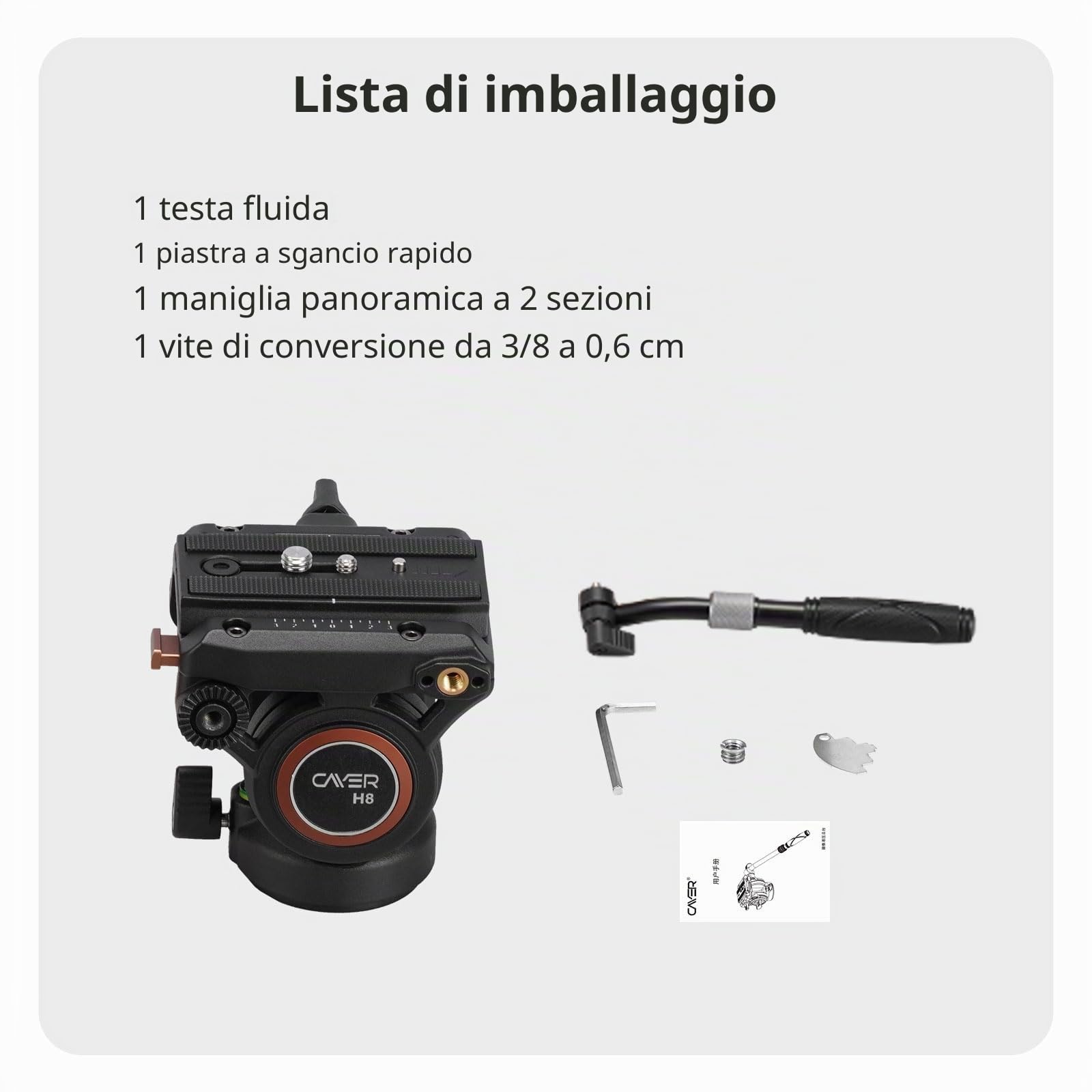 Testa fluida, treppiede Cayer H8 Videocamera Testa fluida con trascinamento per Canon Nikon Sony Olympus Panasonic DSLR Camera, con vite di montaggio da 3/8 "e 1/4", impugnatura a 2 sezioni
