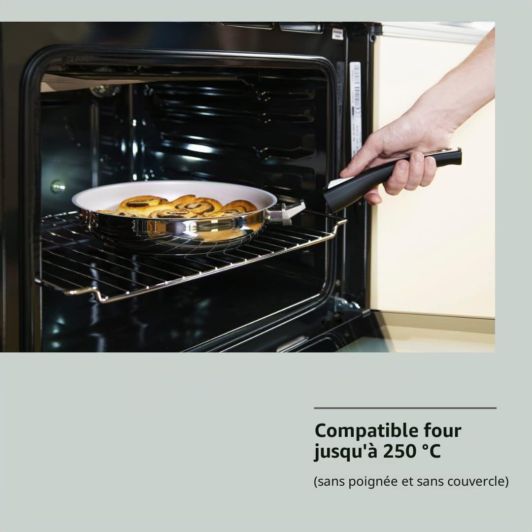 Genius Cerafit Steel Lot de 5 poêles à frire en céramique 20, 24, 28 cm avec revêtement anti-adhésif anti-rayures + couvercle en verre – Poêles à induction avec poignée amovible pour tous les types de