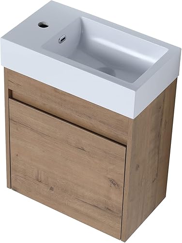 Miniatura 5 de BIBIVIS Tocador de baño montado en la pared con un solo lavabo moderno juego de tocador de baño de 18 pulgadas con puertas de cierre suave roble