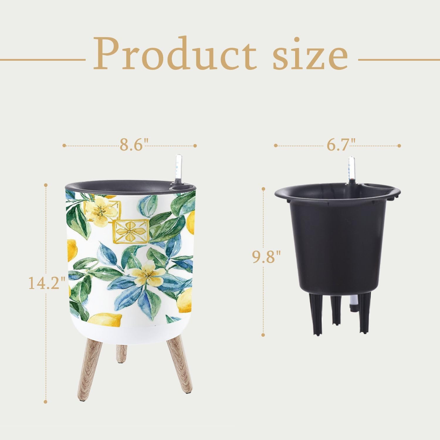Planter with Stand Beautiful seamless pattern Sicilian style hand drawn watercolor lemons 8.6" Self Watering Plant Pot with Legs Water Level Indicator & Water Inlet Lazy Flower Pot Indoor Modern Decor